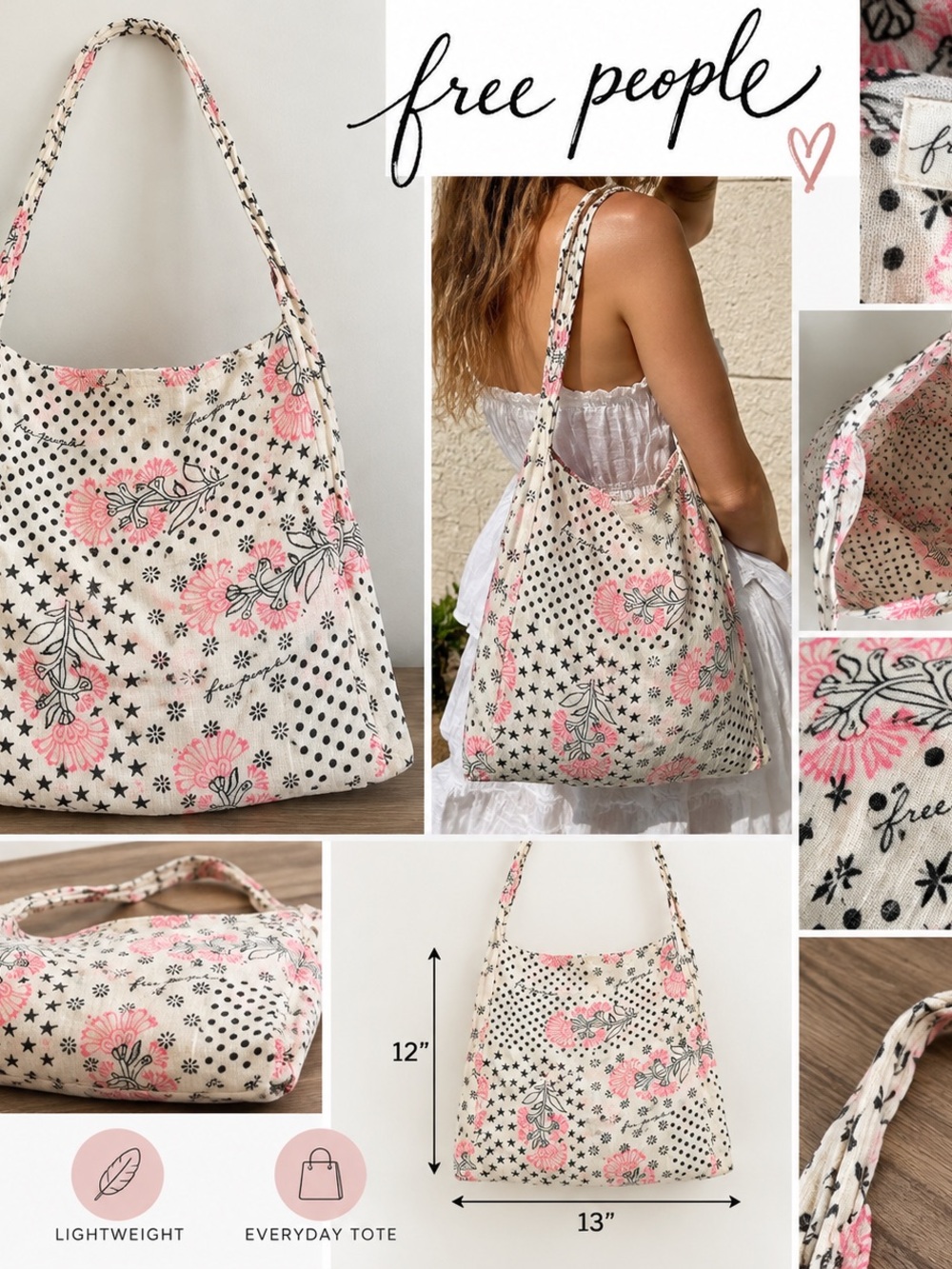 Free People Floral Star Polka Dot Boho Tote Bag Pink Black Cream